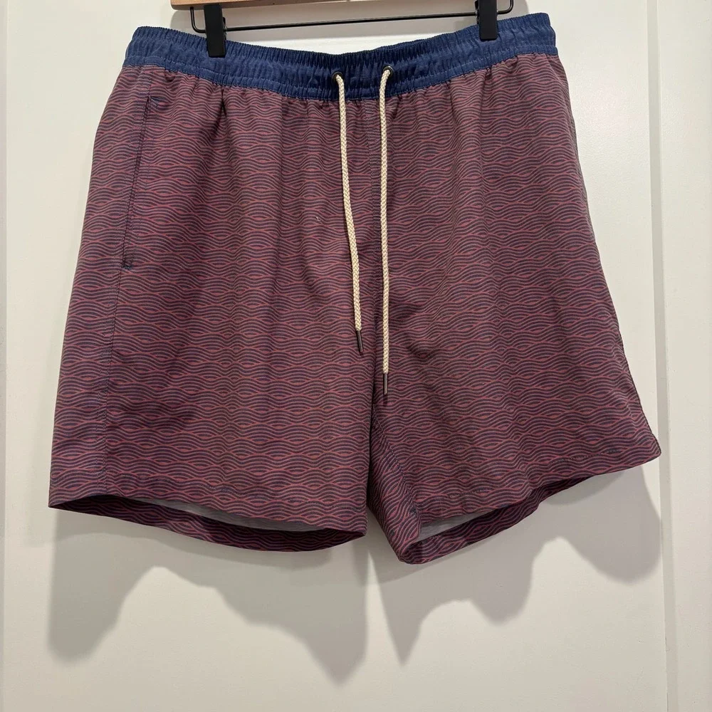 Fair Harbor‎ Mens Swim Trunks Red Blue Wave Print Recycled Stretch Shorts XXL
